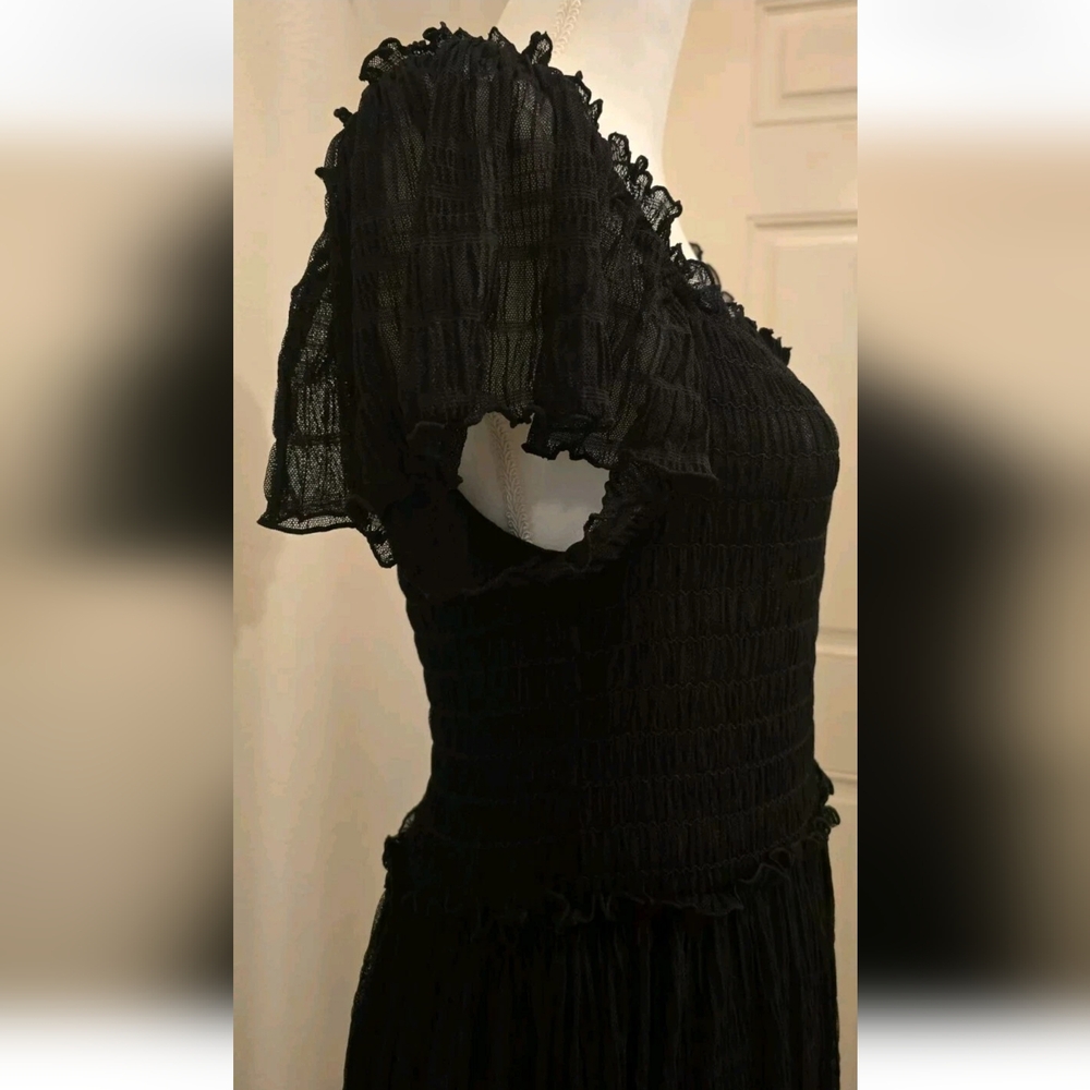 Black Smocked Midi Dress Flutter Sleeve Romantic Whimsigoth Max Studio NWT - Picture 7 of 16